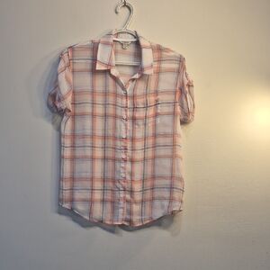 Guess Plaid Button-Up Shirt in White, Peach, and Light Blue